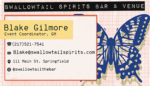 a business card for Blake Gilmore for the business Swallowtail bar and Venue. 