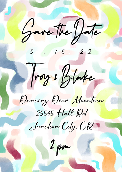 A save the date for a wedding. The background has different colored squiggles and a slight white wash 
      under the text to increase visibility.