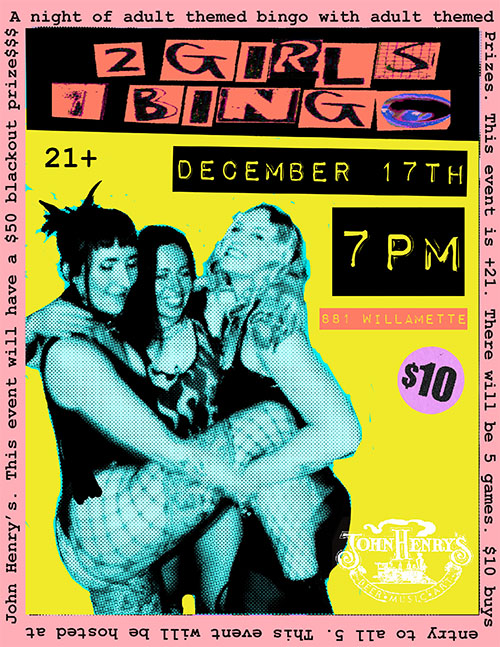 2 girls 1 bingo flier. Yellow background witht 3 girls in the middle of the complosition.