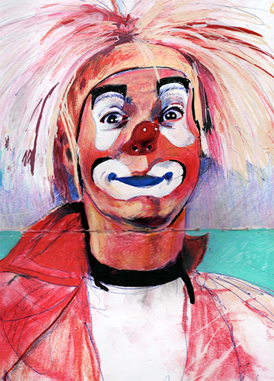 A sketchbook page of a crudely drawn clown