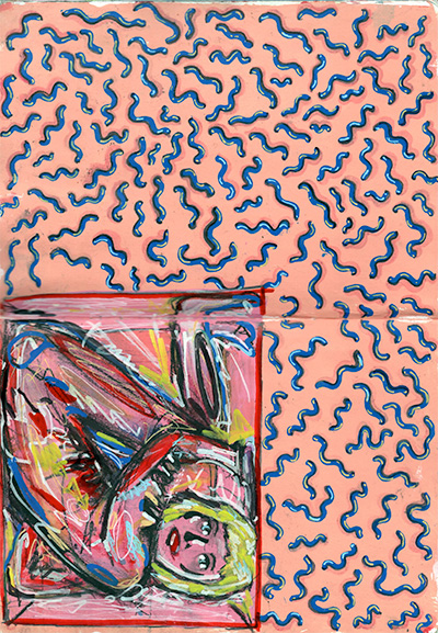 A sketchbook drawing of a figure loosly drawn and trapped in a bog. Squiggles fill the surrounding page.