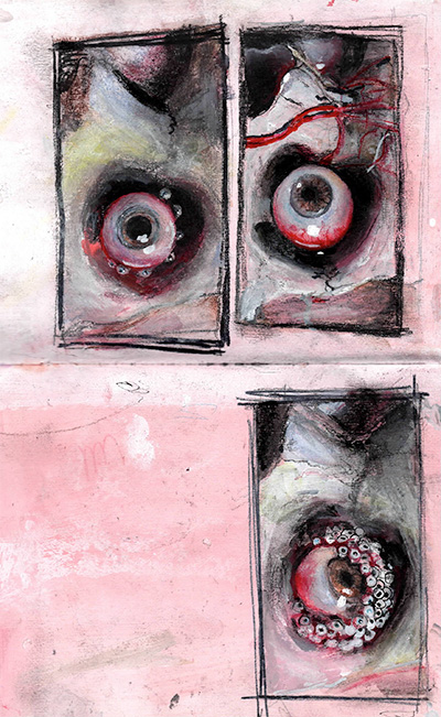 A comic of a skeleton's eye growing a lot of other eyes.